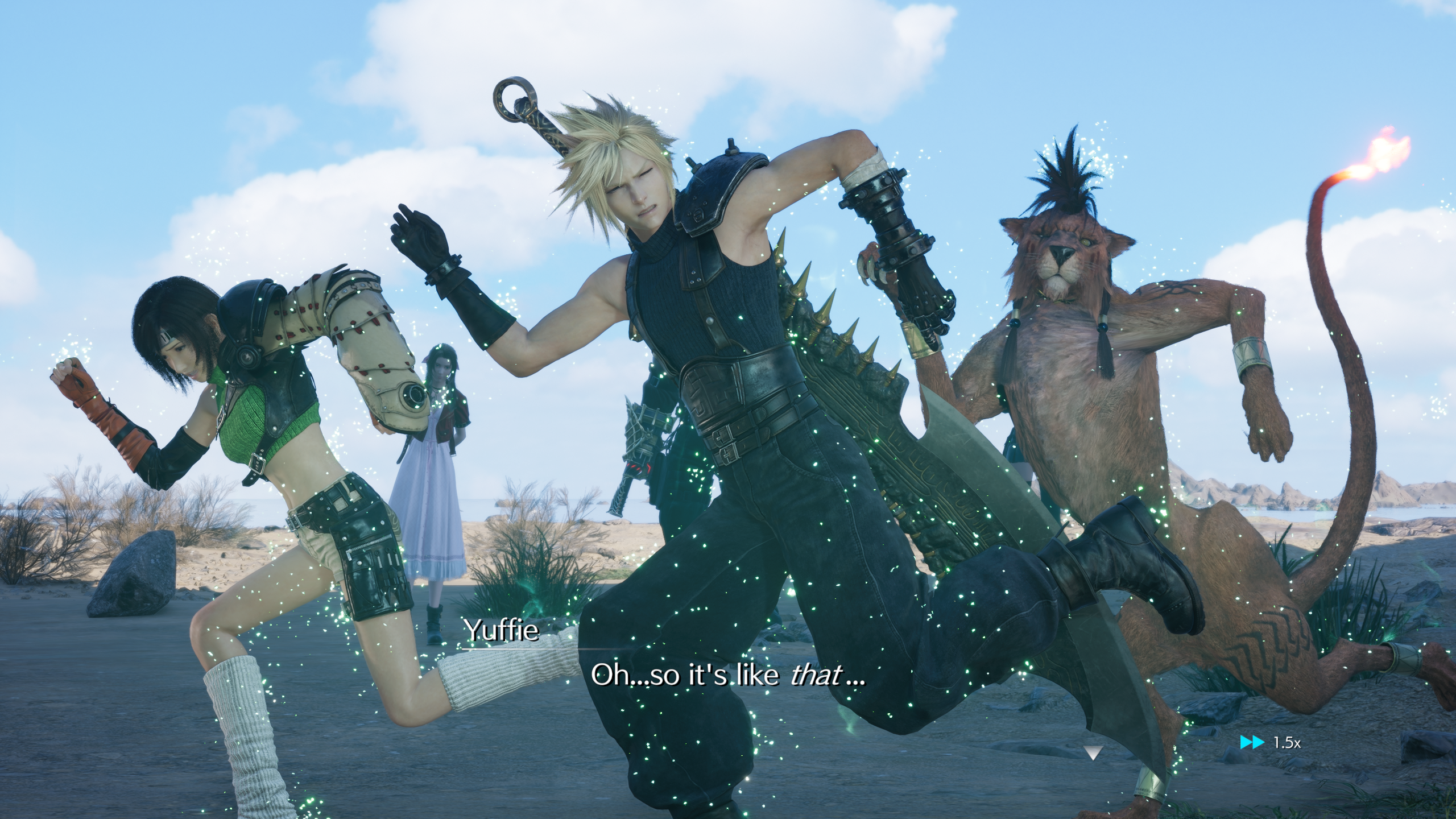 A cutscene in the game with three characters, Yuffie, Cloud, and Red XIII, forced in a pose using cactus magic.