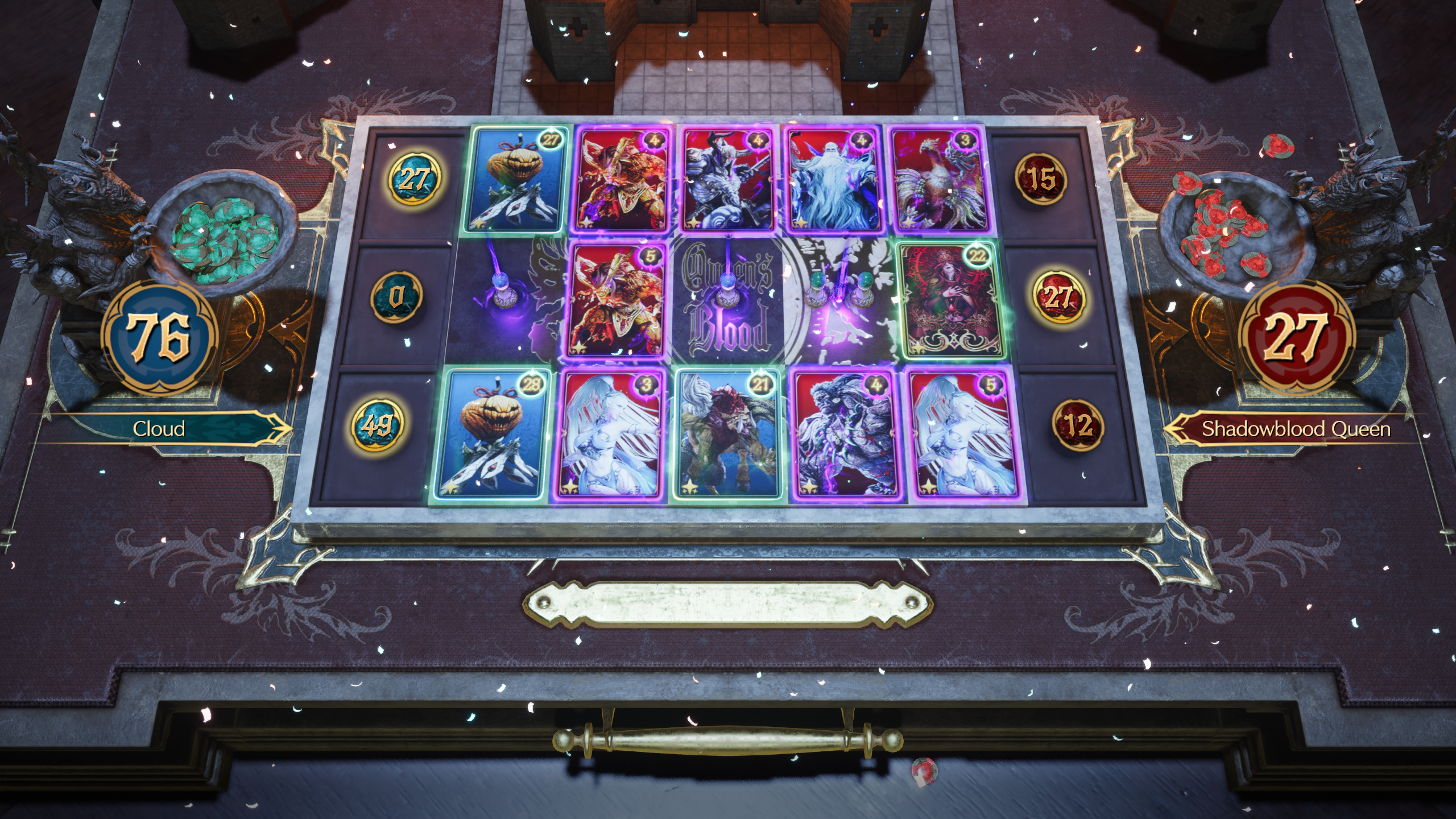 A card game with a five-by-three board laid on a table. On the left, 76 points is awarded to Cloud, while 27 is awarded to an enemy called Shadowblood Queen.