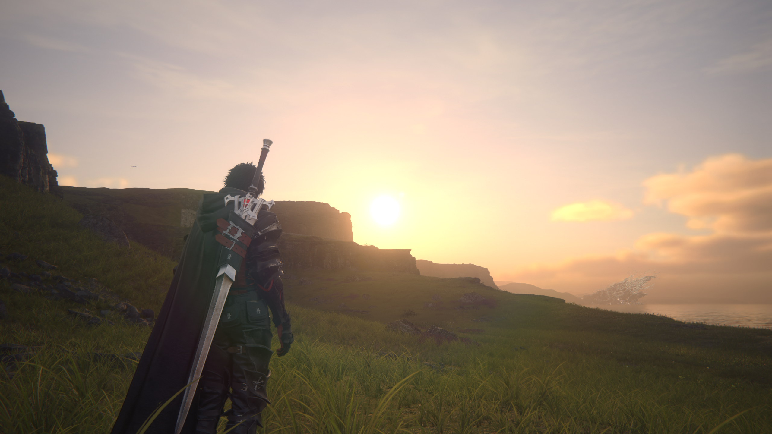 A character stands on the left side of the screen in front of a scenery of green hills and a sunrise at the horizon.