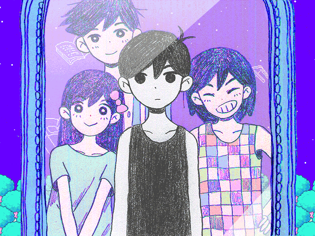 A cartoon image of four children standing in front of a mirror. They are colourful with purple-hued skin and happy expressions. The main character, in monochrome, stands in the middle with a neutral expression.