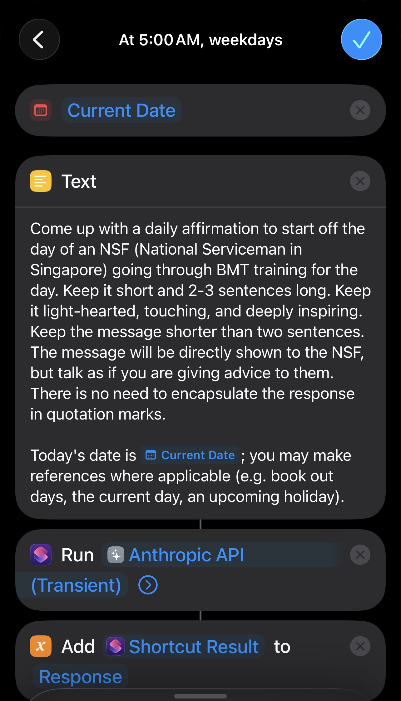 A workflow that goes: Current Date → System Prompt → Run 'Anthropic API (Transient)' → Add 'Shortcut Response' to 'Response'