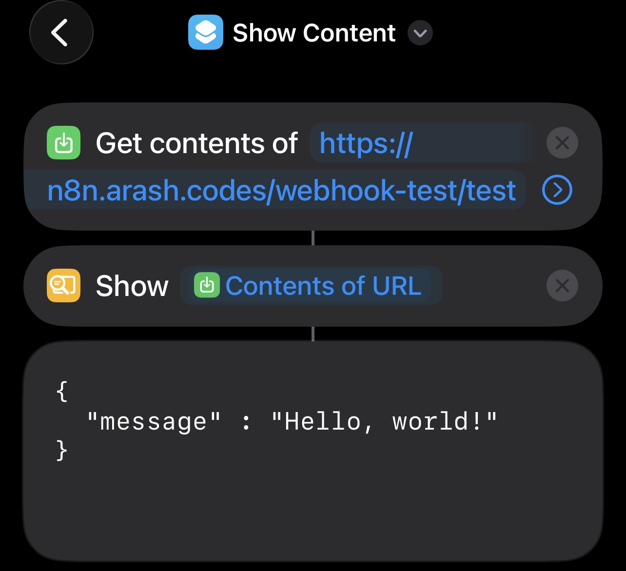 A workflow that goes: Get contents of 'WEBHOOK' → Show 'Contents of URL' → A message showing 'Hello, world!'