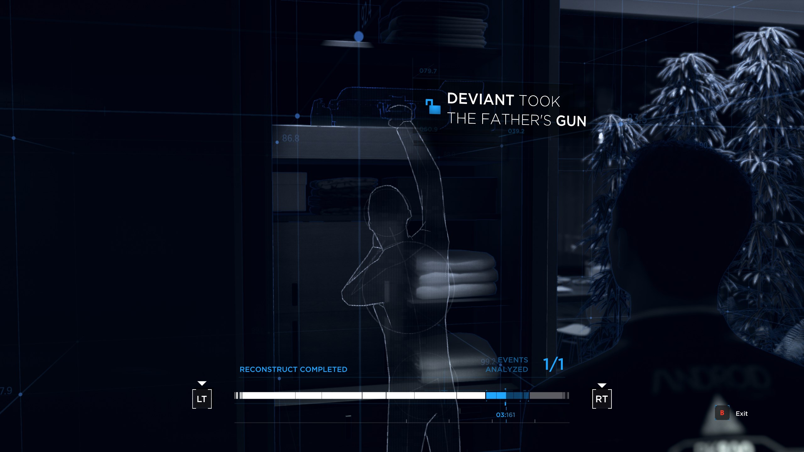 An outline of a humanoid figure reaching for a box at the top of a cabinet. To the right, a digital overlay reads 'Deviant took the father's gun'.