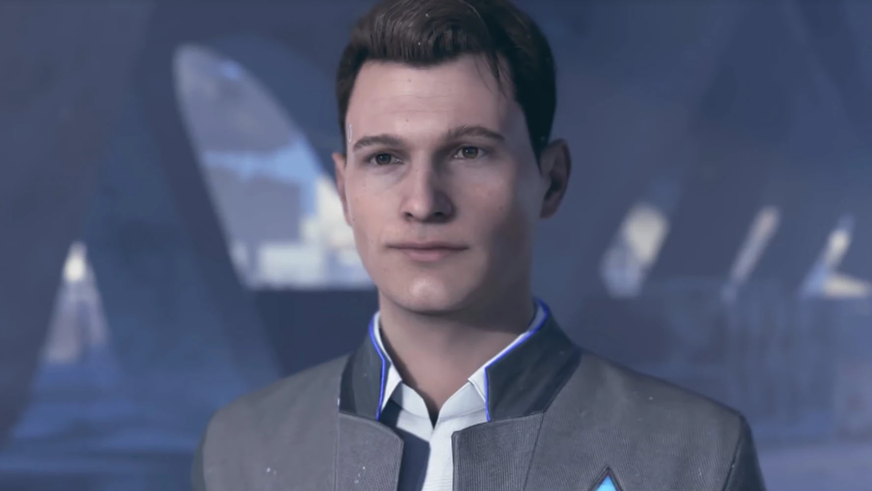 A facial close-up of a humanoid android with a small smile on the face.