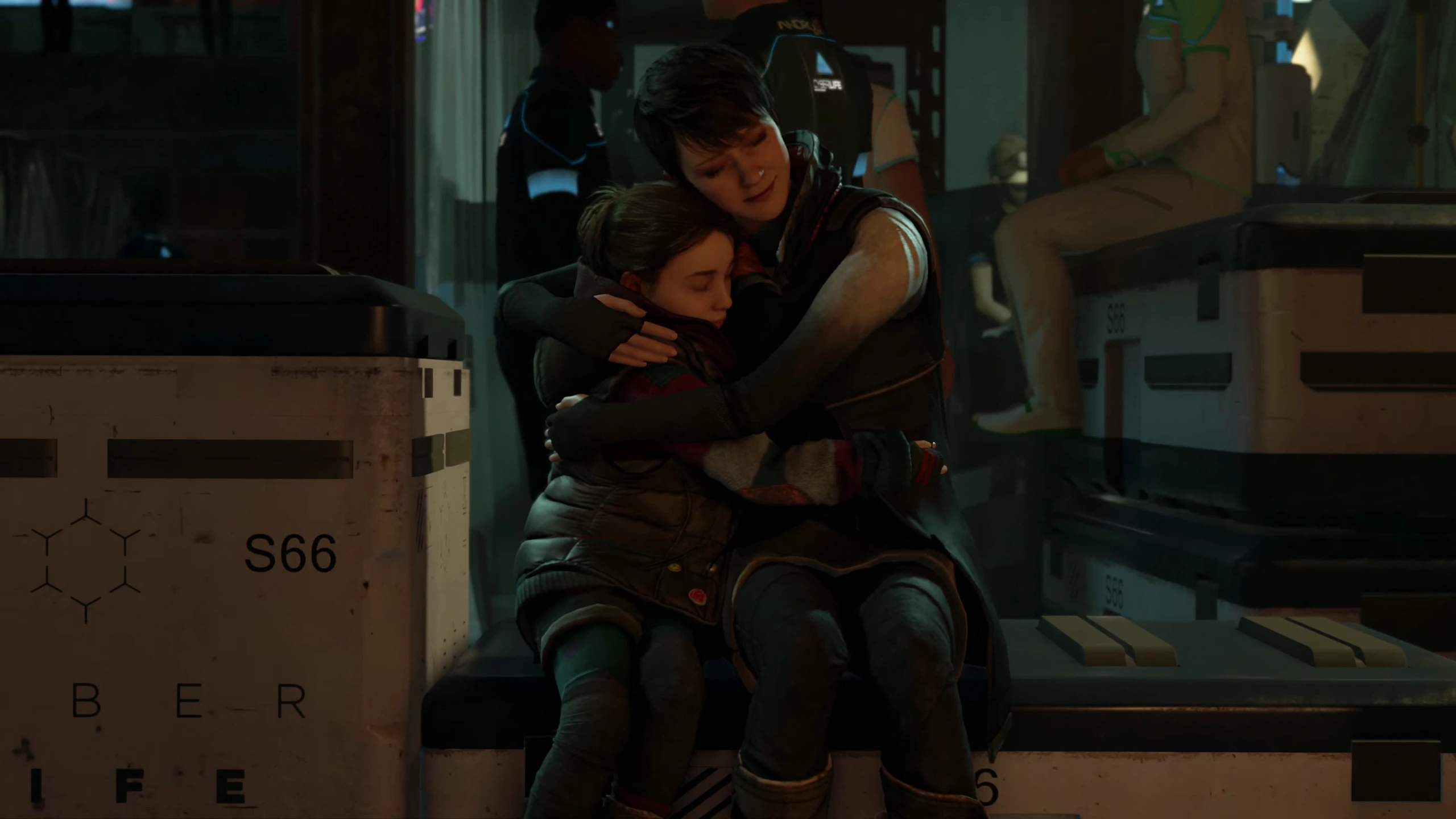 Two humanoid androids — to the left, a small girl (Alice), and to the right, a young woman (Kara) — hugging.