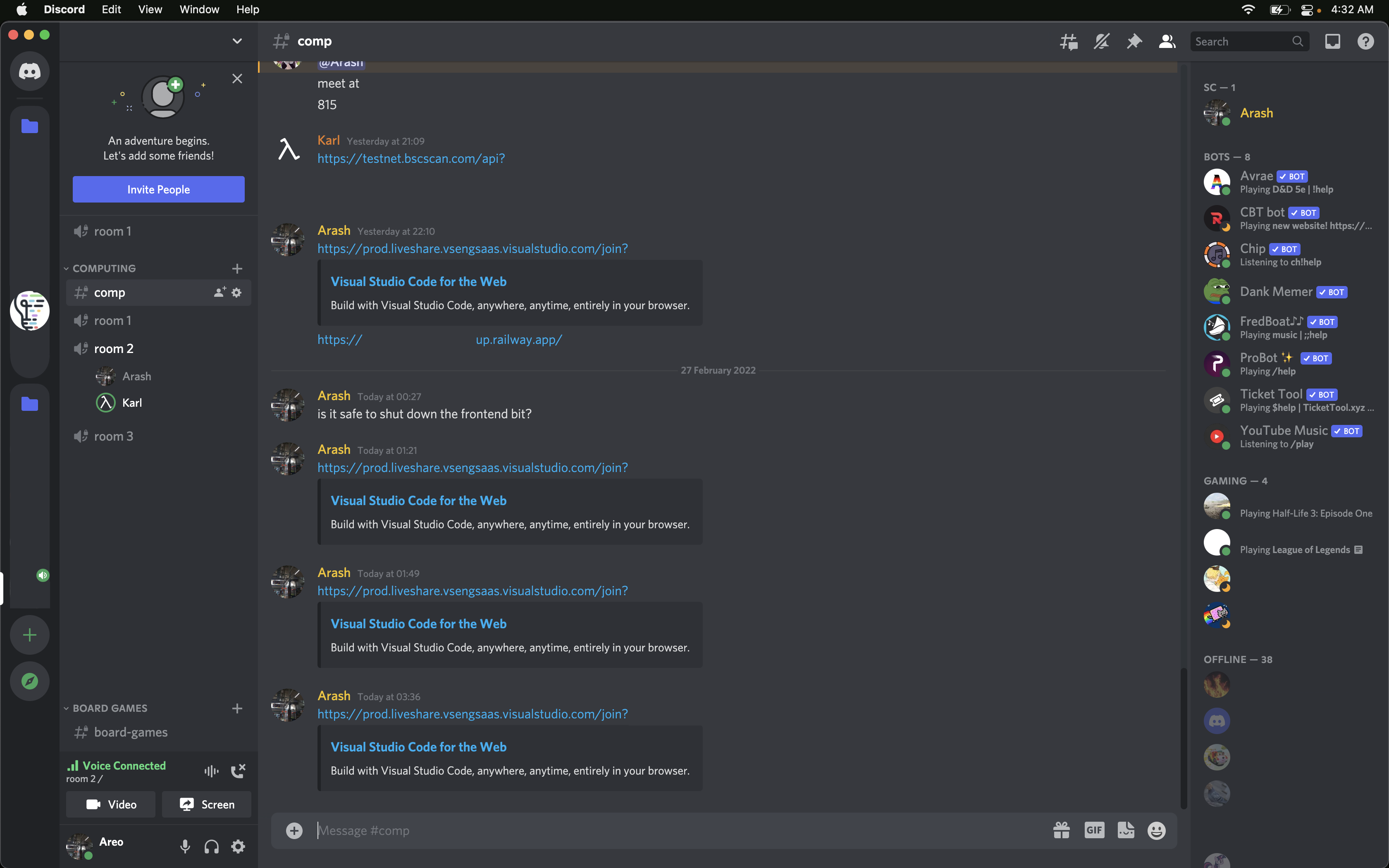 A Discord window showing the chat history throughout the hackathon